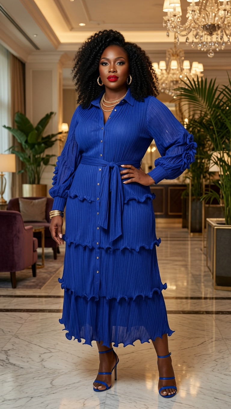 Royal Blue Pleated Tiered Maxi Dress
