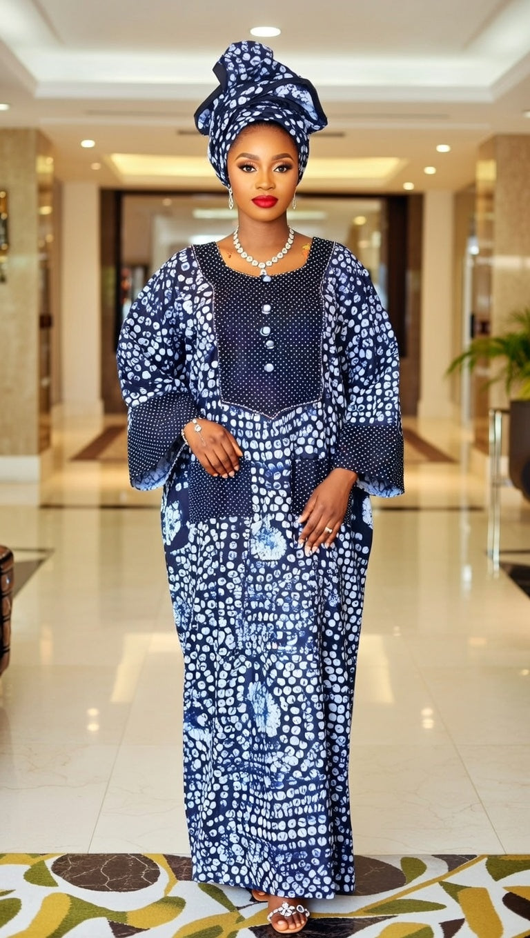 Navy Blue African Lace Outfit with White Adire Print