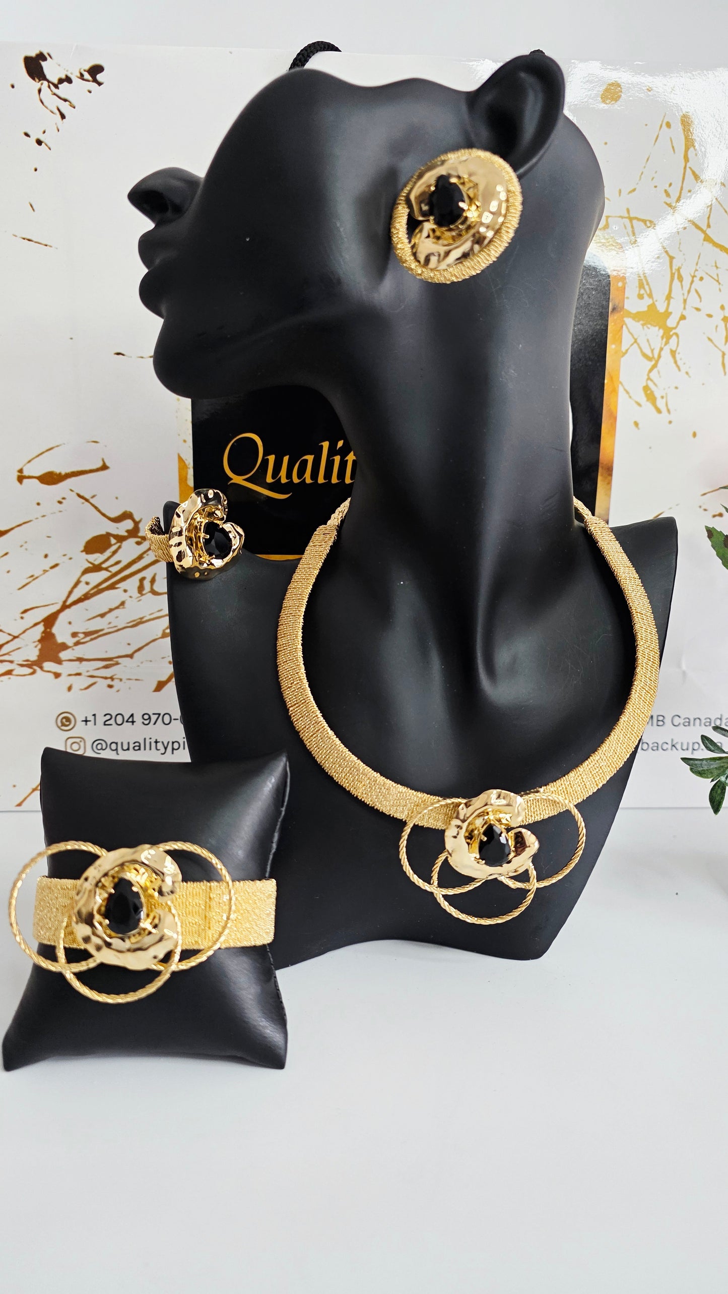 4-Piece Black Stone 18K Brazilian Gold Jewelry Set
