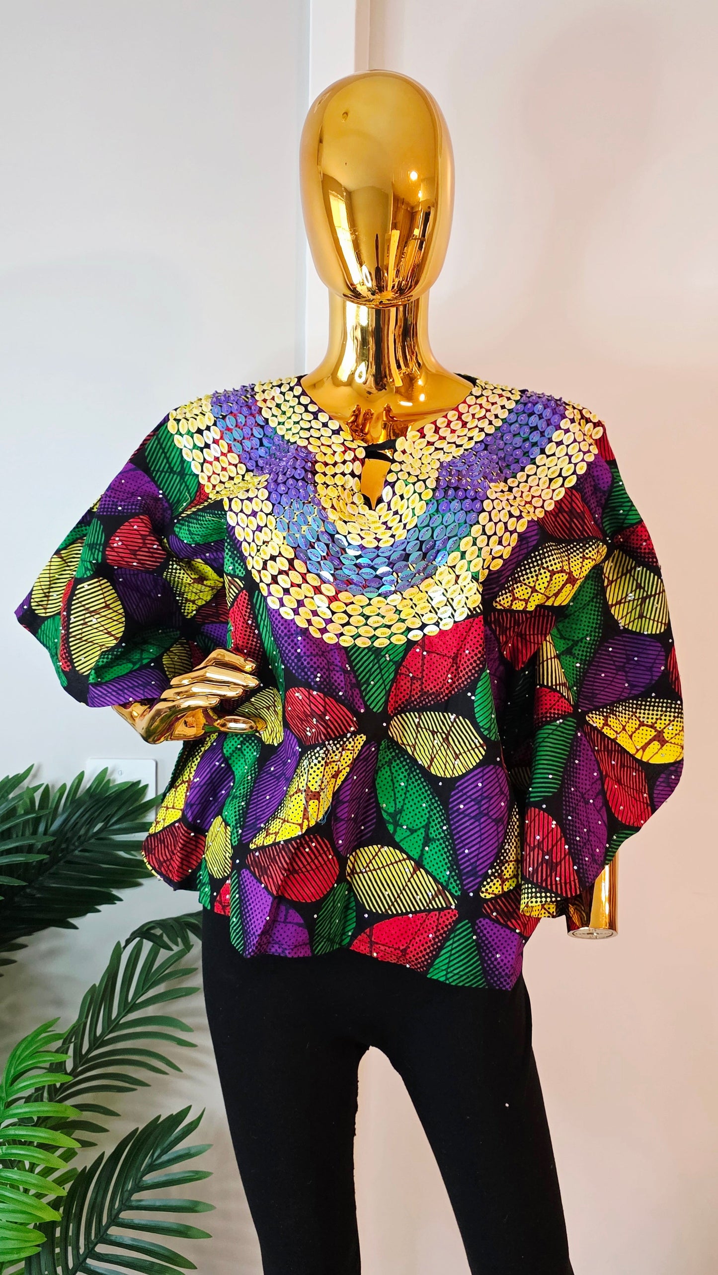 African Print Sequin Yoke Batwing Top