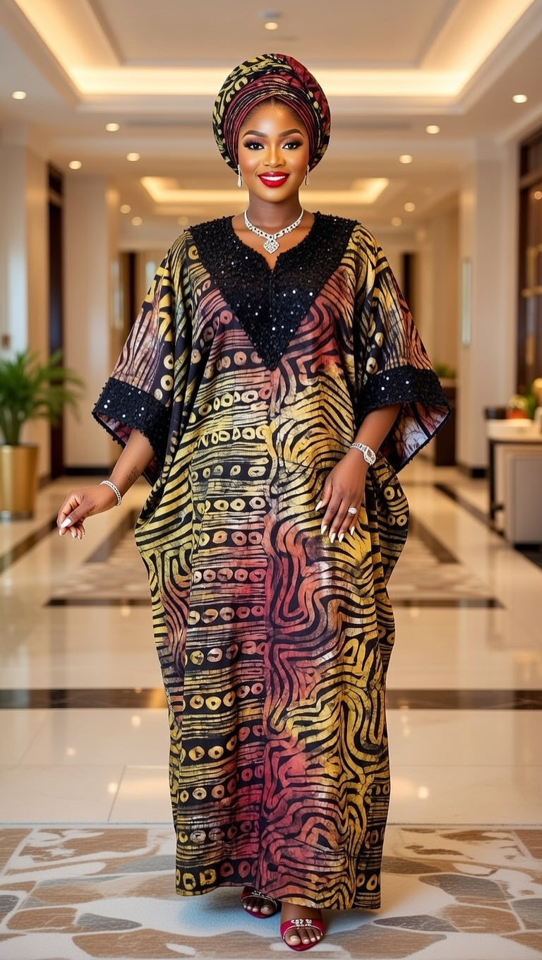 Elegant Cotton Adire Dress with Sequins - Green Floral Kaftan Gown