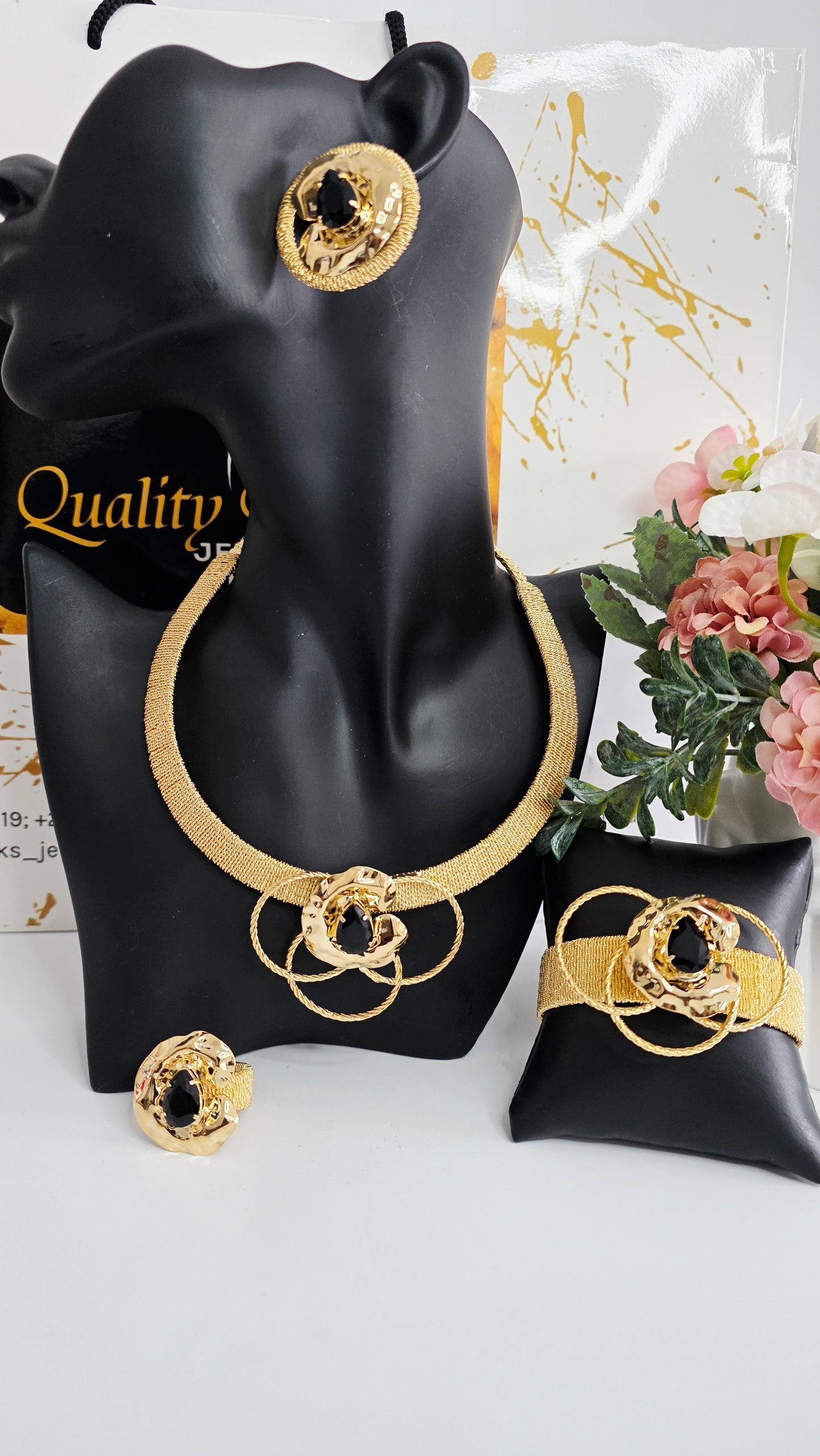 4-Piece Black Stone 18K Brazilian Gold Jewelry Set