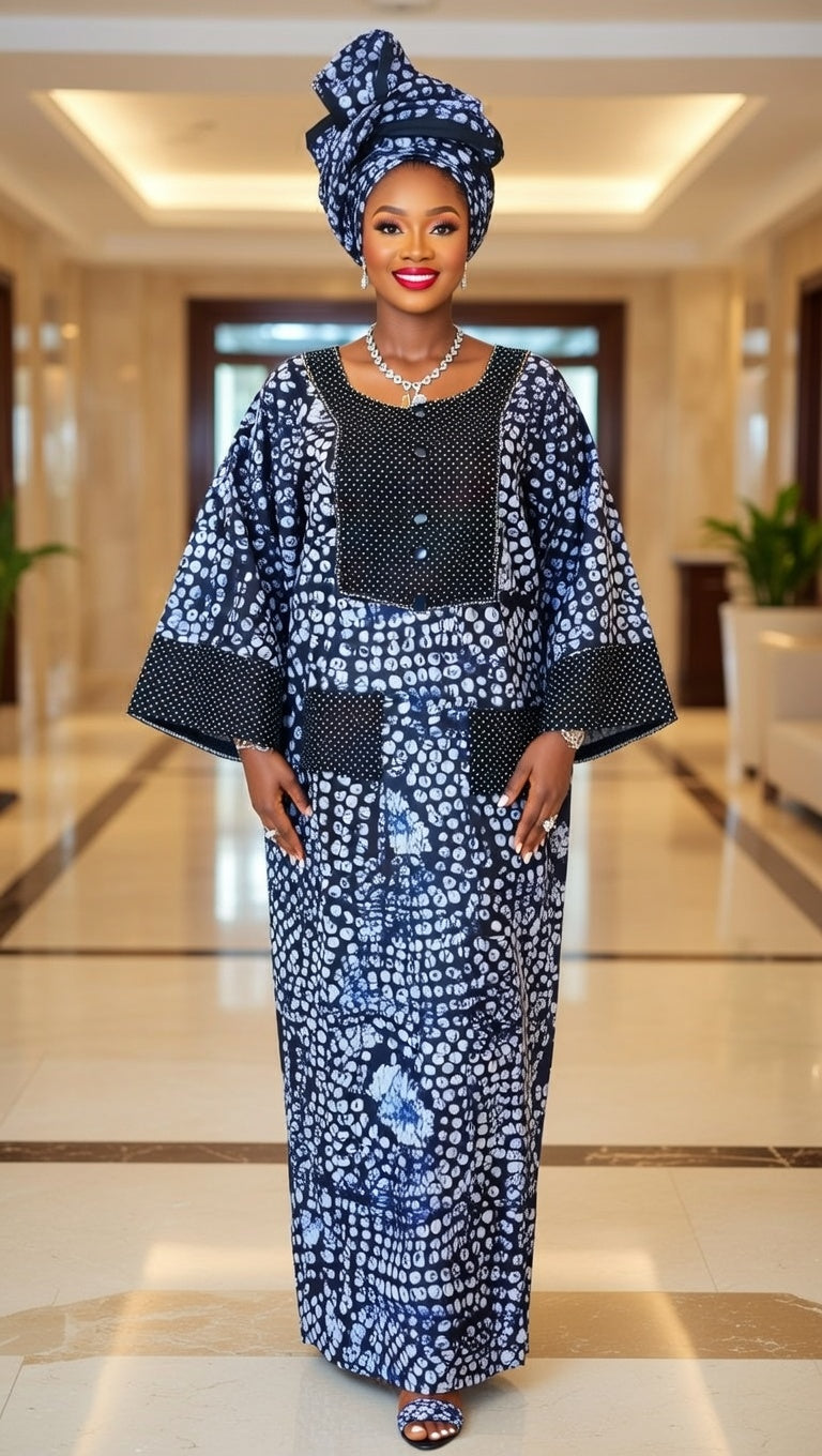 Navy Blue African Lace Outfit with White Adire Print