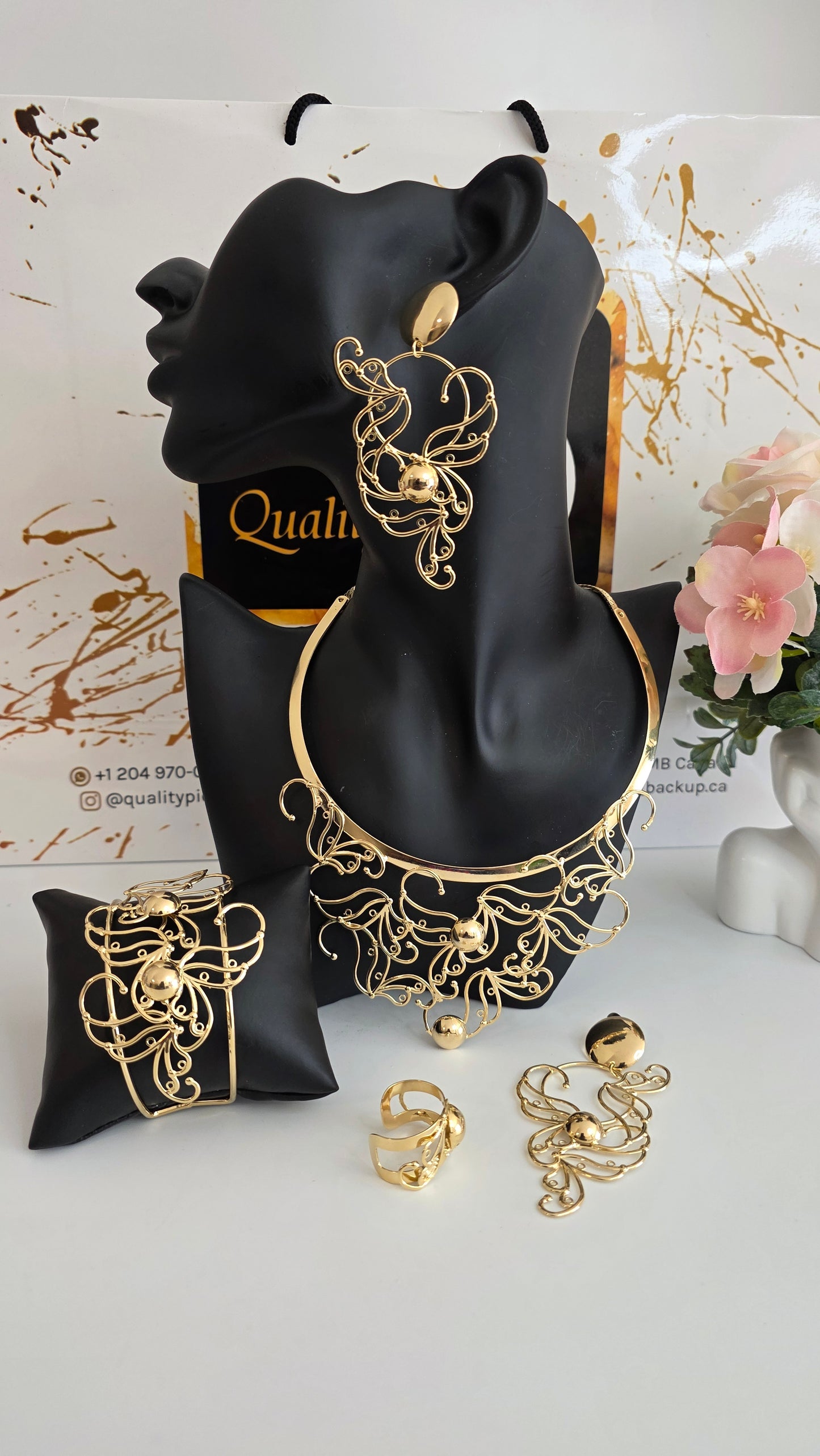 4-Piece Ornate Filigree 18K Brazilian Gold Jewelry Set