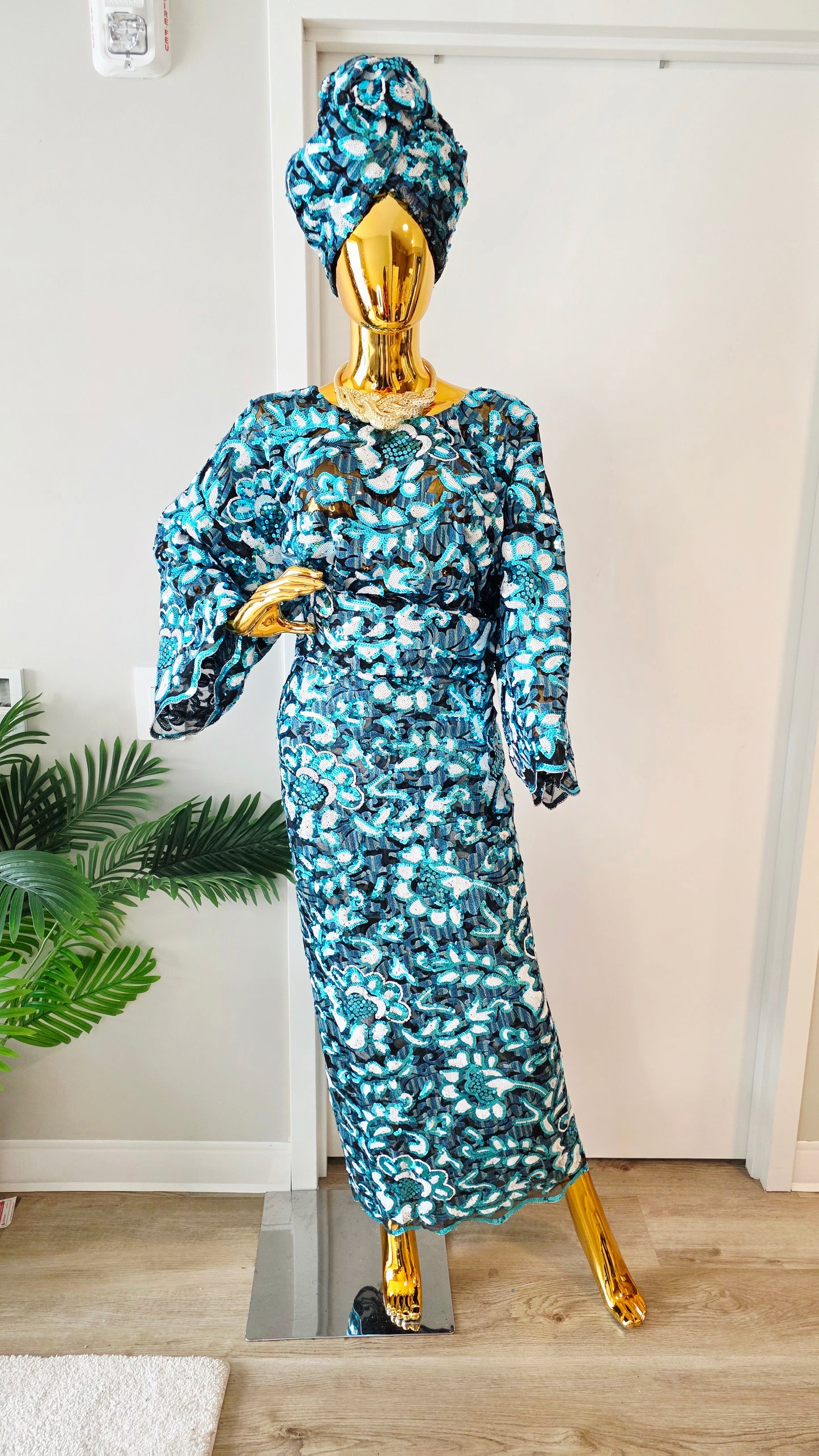 Exquisite Turquoise African Lace Iro and Buba Set