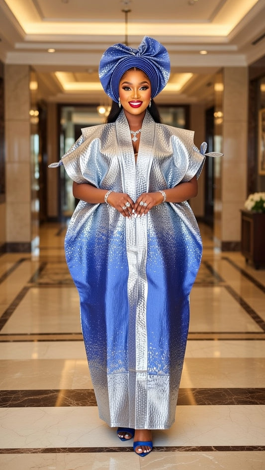 Royal Blue & Silver Brocade Dress with Gele - Premium African Attire
