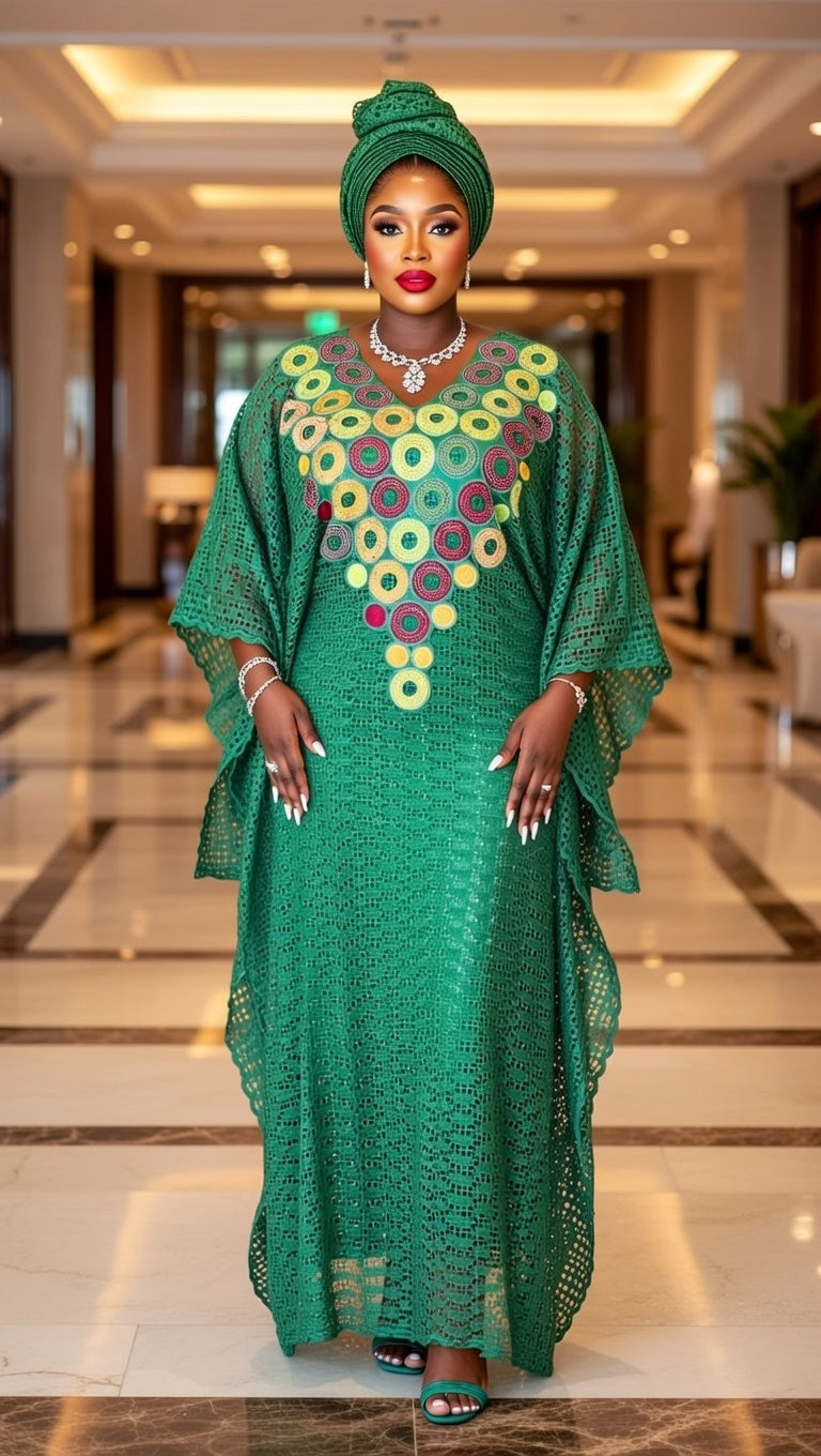 Emerald Green Dry Lace Kaftan – Swarovski Stoned Size 14-16